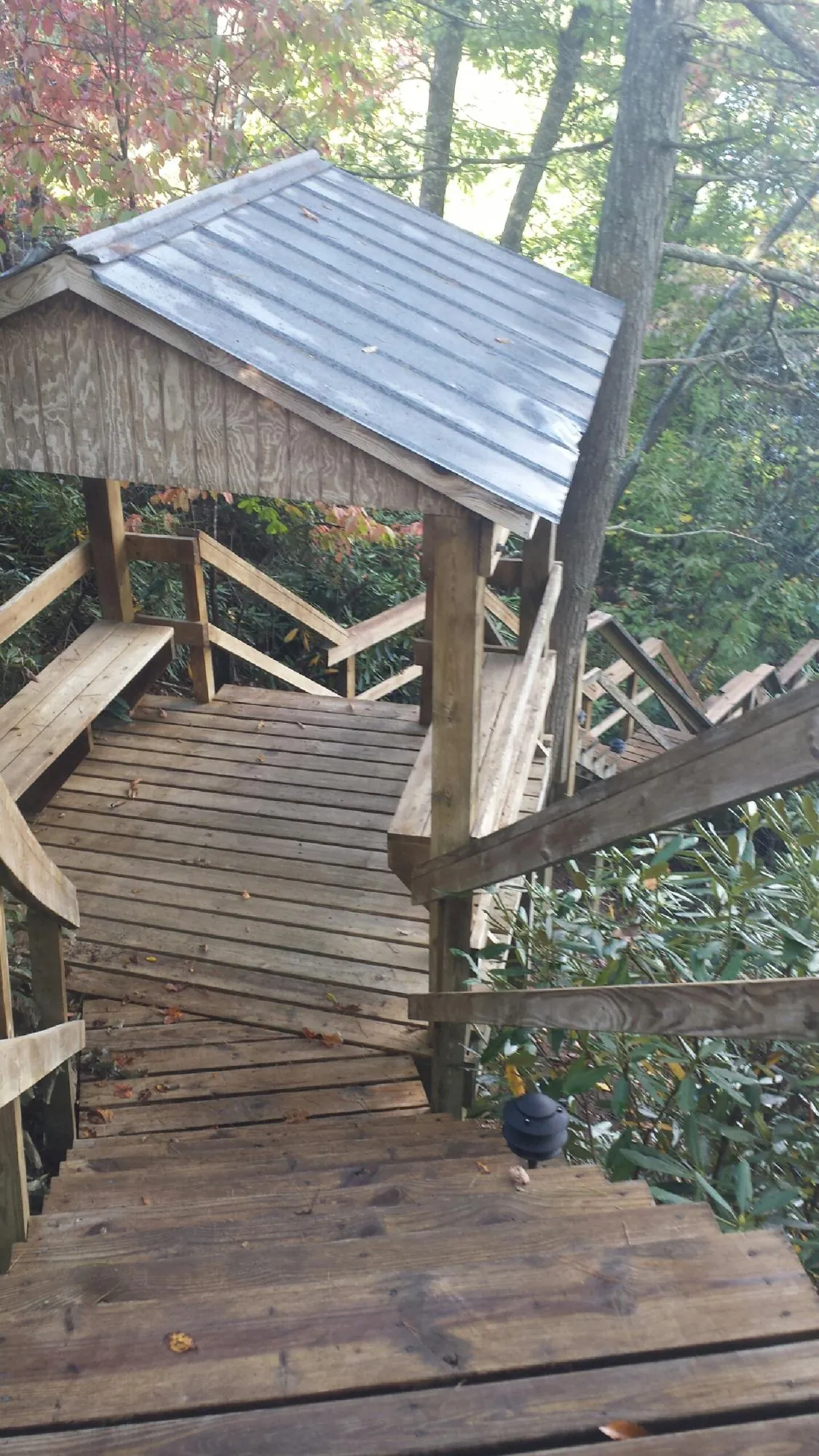 Metal roofed shelter over wooden steps on a wooded walkway — Skylight Repair & Installation work by our crew in Batesville